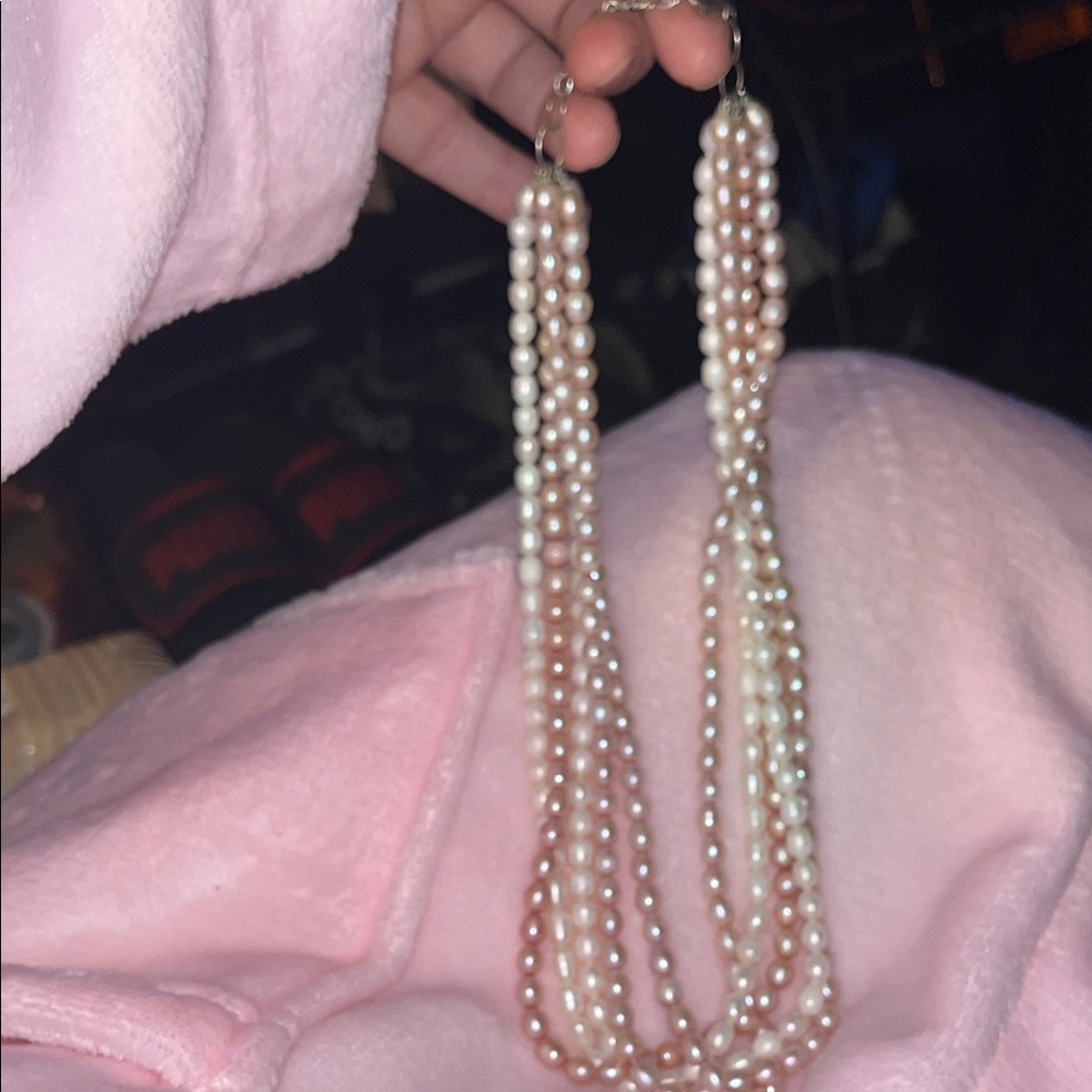 Elegant Pink and White Pearl Multi String Necklace- GORGEOUS